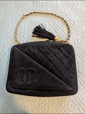 Chanel Black Quilted Suede Shoulder Bag with Tassel Chain
